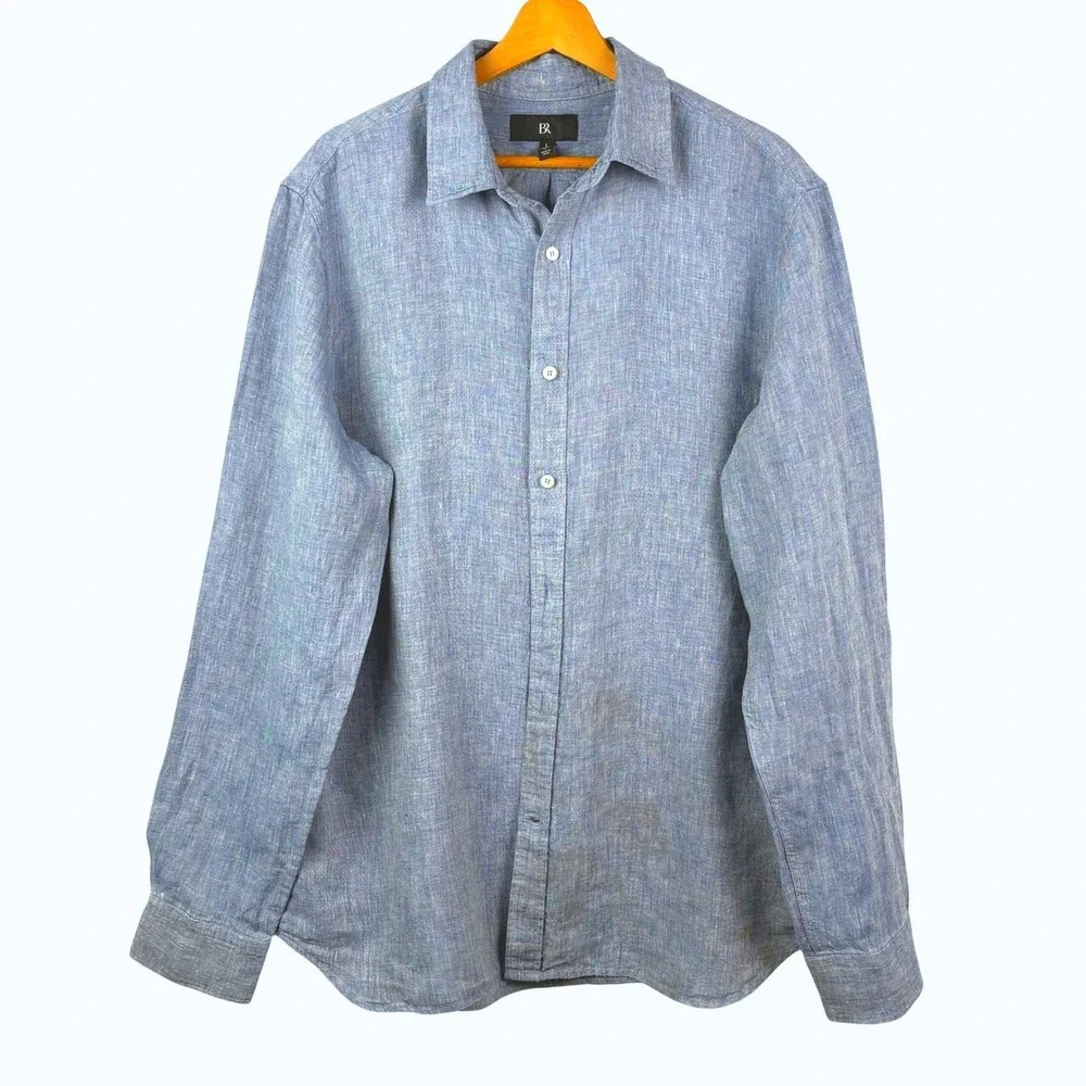 Banana Republic Men LongSleeve Button Up Shirt 100% Linen Sz L Tall Blue Classic